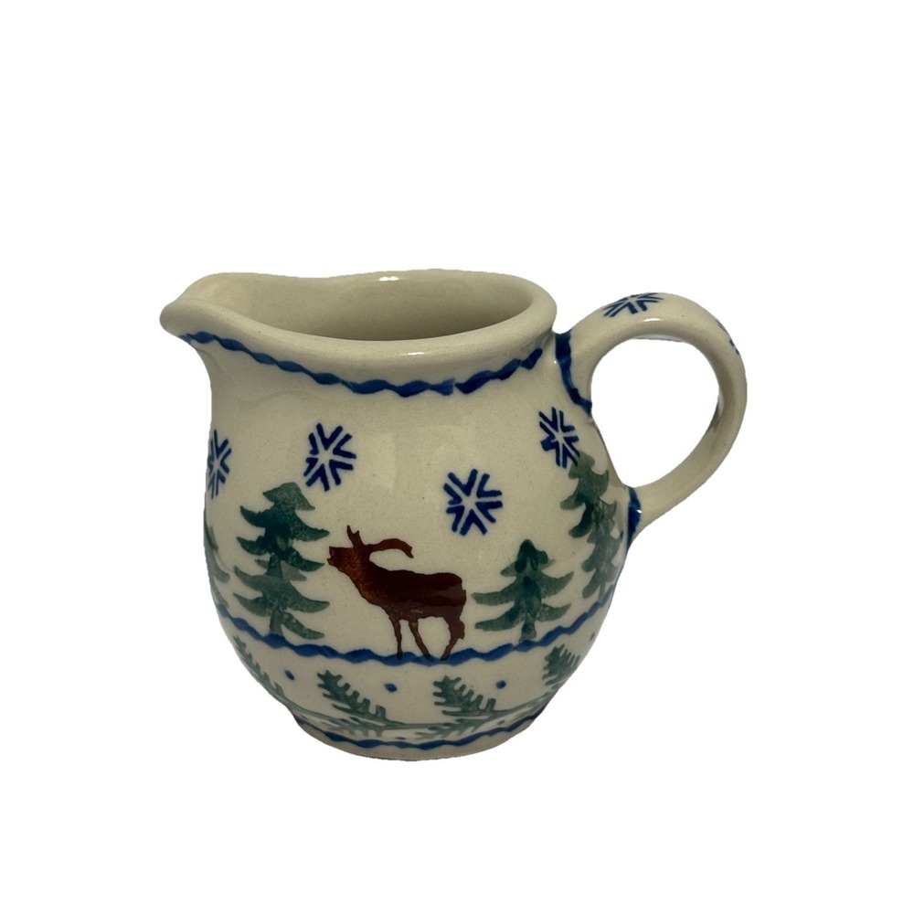 VTG Boleslawiec Moose Polish Pottery Ceramic Creamer Pot Handmade Pine Trees
